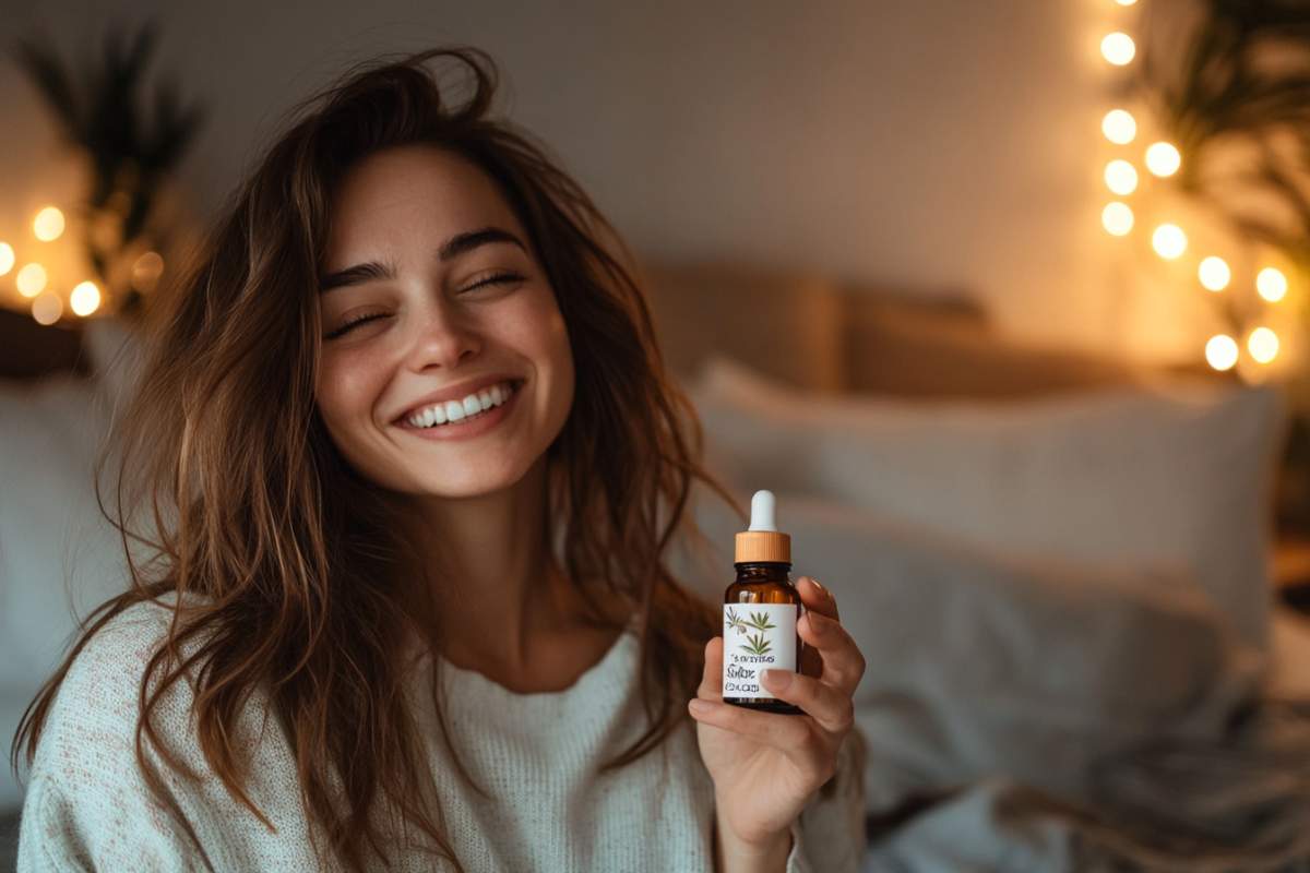 femme de bonne humeur avec de l'huile de CBD